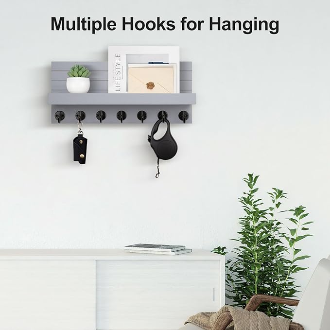Key Holder Wall Mount, Entryway Key and Mail Holder with 7 Sturdy Hooks for Sunglasses, Dog Leash, Decorative Wall Shelf with Mounting Hardware, 15”W x 6.7”H x 4.2”D (Gray)