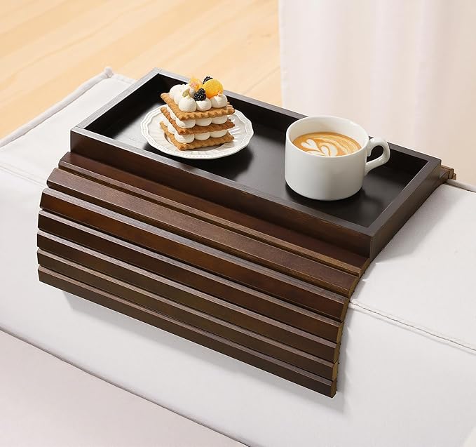 Couch Arm Tray, Bamboo Sofa Table for Couch, Sofa Armrest Tray Table, Anti-Slip Armrest Organizer, Foldable Couch Cup Holder for Snacks, Phone, Control, Cups, Brown