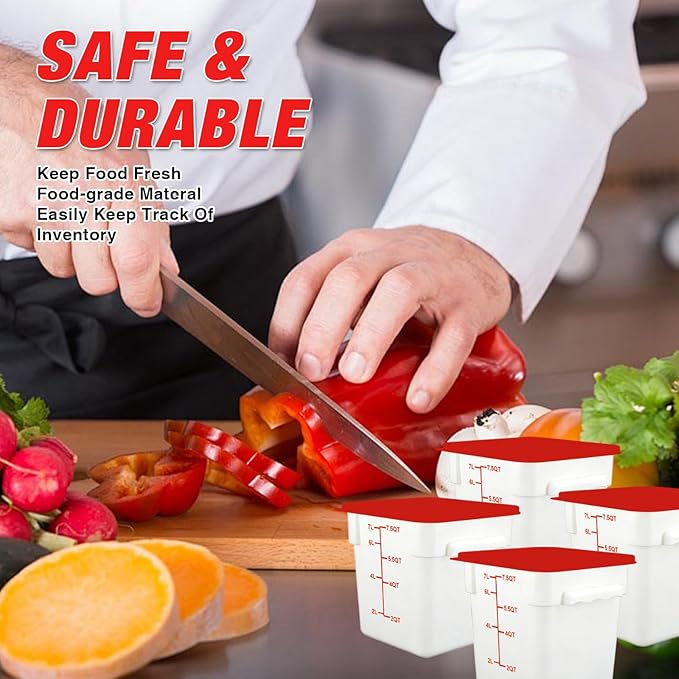 WELKOR Square Food Containers with Lids 4-Pack, Commercial Grade Airtight Plastic Bins for Restaurant Kitchen Pantry Storage, Freezer & Dishwasher Safe (Red, 8QT-4PACK)