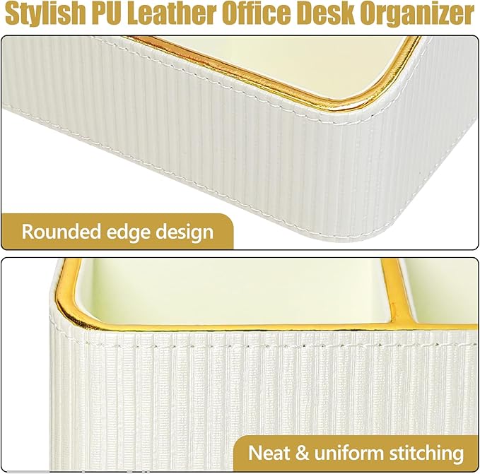 ACUDUDOMA PU Leather Remote Control Organizer Holder, 4-Compartment Small Desk Organizer, All-in-One Desk & Nightstand Caddy for Remotes, Phones, Glasses & Office Accessories