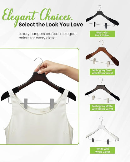 All Hung Up Hangers - Wooden Hangers with Clips for Women, Solid Wood Skirt & Suit Hangers, Heavy-Duty Adjustable Non-Slip Design with Velvet Grip, Mahogany with Black Velvet, 12 pcs
