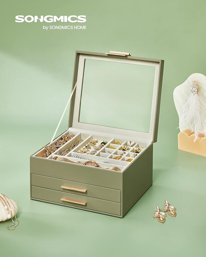 SONGMICS Jewelry Box Organizer with Glass Lid, 3-Layer Jewelry Storage, with 2 Drawers, Modern Style, 8 x 9.1 x 5.3 Inches, Laurel Green and Gold Color UJBC239C02