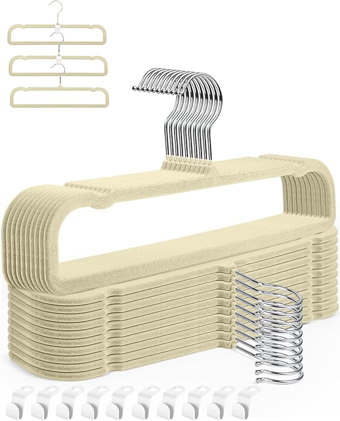 Velvet Hangers, 20pcs Heavy Duty Flocked Pant Hanger with Non-Slip Trouser Bar, 35cm(L) Adult Clothes Hangar with Swivel Hook, Slim Felt Perchas Terciopelo for Shorts, Dress, Scraf, Bar (Beige-Silver)