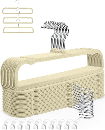 Velvet Hangers, 20pcs Heavy Duty Flocked Pant Hanger with Non-Slip Trouser Bar, 35cm(L) Adult Clothes Hangar with Swivel Hook, Slim Felt Perchas Terciopelo for Shorts, Dress, Scraf, Bar (Beige-Silver)