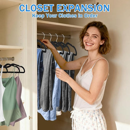 30 Pack Pants Hangers Non Slip, Velvet Hanger for Closet with 30 Hooks, Durable Strong Slimline Space Saving Pants Hanger, Ultra Thin Flocked Hangers for Pants/Shirts/Bra/Shorts (Black)