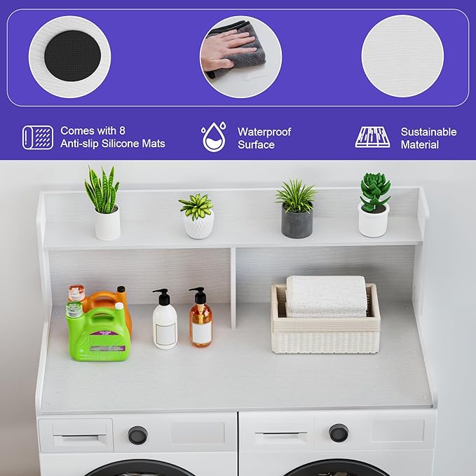 Washer Dryer Countertop with 2 Tier Shelf, 27.5" W × 54" L Laundry Wood Countertop with Edge Rails for Laundry Room Organization and Storage (White)