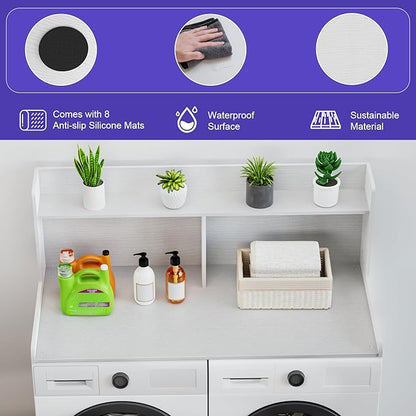 Washer Dryer Countertop with 2 Tier Shelf, 27.5" W × 54" L Laundry Wood Countertop with Edge Rails for Laundry Room Organization and Storage (White)