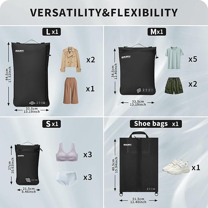 Eulant 4 Set Vacuum Packing Bags for Travel With Pump,Professional IPX8 Zip Packing Organizer for Suitcases Backpack,Space Saver Bags Packing Organizers for Clothing Packing(4 Set,Black)