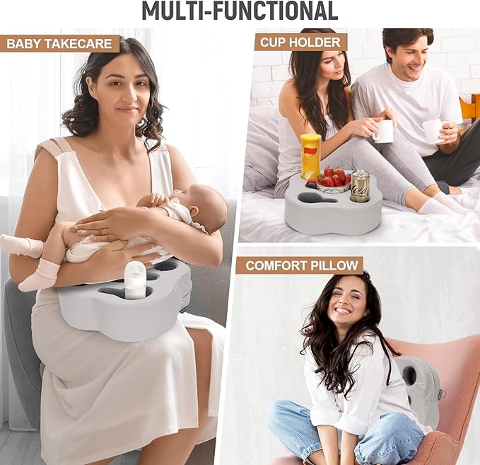 Couch Cup Holder Pillow, Sofa Organizer Caddy Bed Refreshment Tray for Drinks, Remotes, Phones, Snacks (PUGrey)