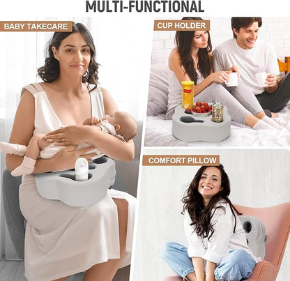 Couch Cup Holder Pillow, Sofa Organizer Caddy Bed Refreshment Tray for Drinks, Remotes, Phones, Snacks (PUGrey)
