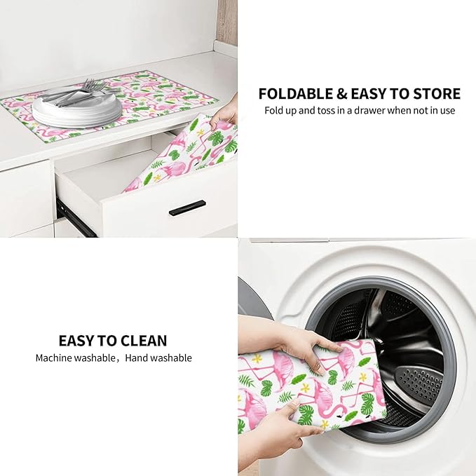 Pink Flamingo Leaf Dish Drying Mat 18x24 For Kitchen Counter Absorbent Microfiber Dishes Pad Dish Drainer Rack Mats Fast Dry Kitchen Accessories