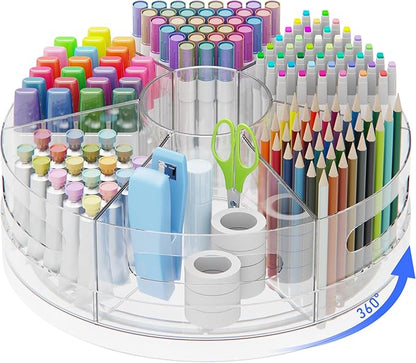 Rotating Desk Organizer, 360° Acrylic Pen Organizer for Desk with 7 Removable Compartments, Extra-Large Pen Holder for Office Supplies, Markers, and Art Supplies, Clear Pencil Holder