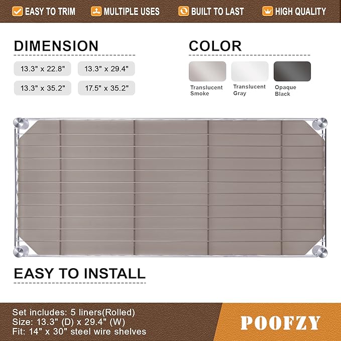 Poofzy Wire Shelf Liner 14 x 30, Set of 5 Shelf Liners for Wire Shelving Plastic Non-Adhesive for Pantry, Kitchen Cabinets (Gray)