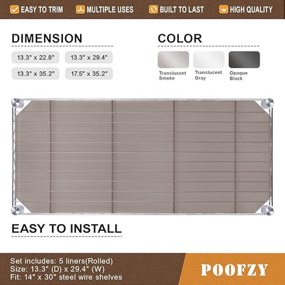 Poofzy Wire Shelf Liner 14 x 30, Set of 5 Shelf Liners for Wire Shelving Plastic Non-Adhesive for Pantry, Kitchen Cabinets (Gray)