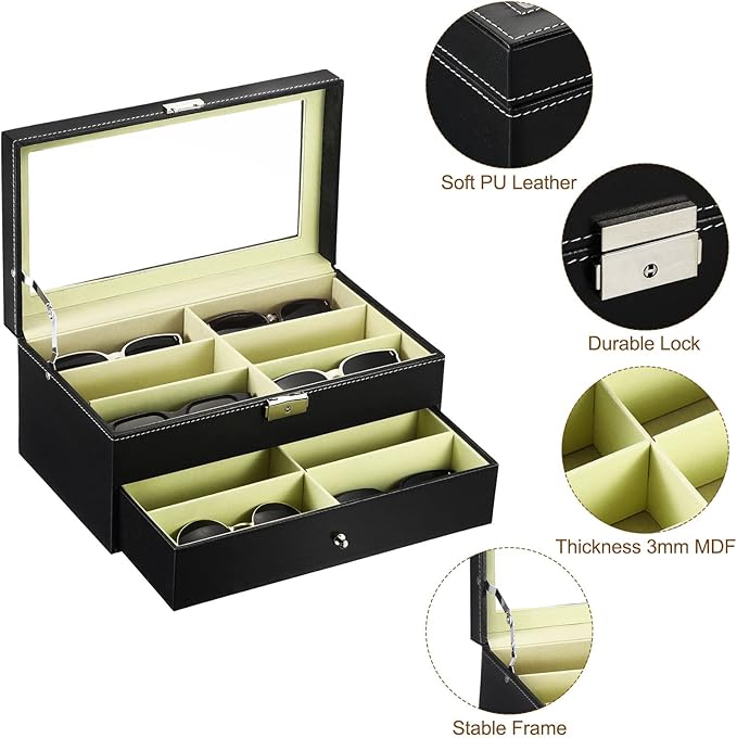 PATIKIL Sunglasses Organizer for Women Men, 12 Slot Leather Eyeglass Display Case Holder with Drawer Double-Layer Eyewear Storage Box, Black