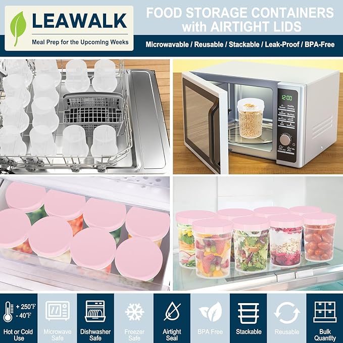 LEAWALK Reusable Food Freezer Storage Containers with Lids, BPA Free Twist Top Deli Container, Leak Proof, Stackable, Microwave and Dishwasher Safe (6, Pink (24oz-6Pack), 24oz)