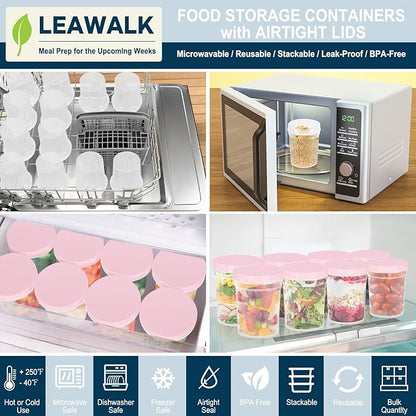 LEAWALK Reusable Food Freezer Storage Containers with Lids, BPA Free Twist Top Deli Container, Leak Proof, Stackable, Microwave and Dishwasher Safe (6, Pink (24oz-6Pack), 24oz)