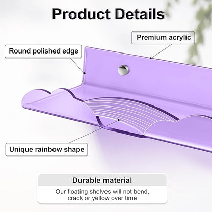 Rainbow Acrylic Floating Shelves, 15in Kids Wall Mounted Nursery Bookshelves, Display Ledge for Books Toys Cosmetic Storage, Bathroom Bedroom Living Room Wall Organizer, 4 Pack, Purple