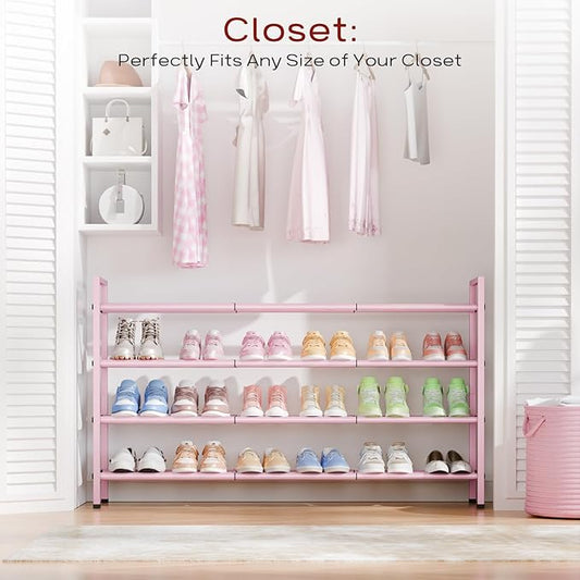 Bumusty 4-Tier Long Expandable Shoe Rack for Closet, 18"-44" Adjustable Shoe Rack for Entryway, 20-24Pairs Large Shoe Organizer Shelf Storage, Sturdy Metal, Black