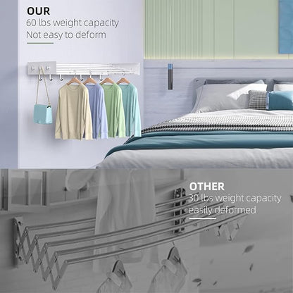 Drying Rack Clothing,Clothes Drying Rack Wall Mounted,Laundry Drying Rack Wall Mount,Foldable,Collapsible,60 lb Capacity 5 Aluminium Poles with 12 Hooks,Space Saving Clothes Drying Rack,White 40"