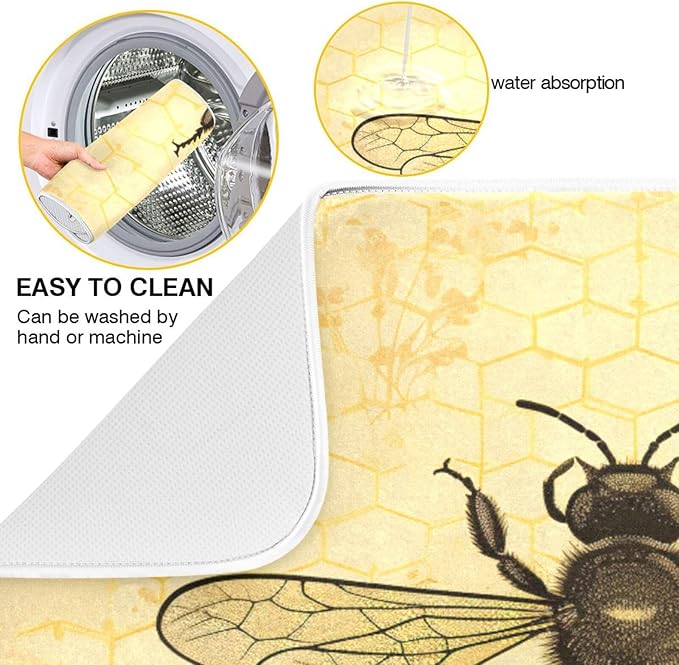 Chic Retro Art Honeycomb Bee Microfiber Dish Drying Kitchen Countertop Table Protector Multipurpose Counter Rack Sink Drainer Pad (16" x 18")
