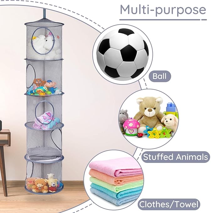 Basumee Stuffed Animals Net or Hammock 2 Pcs Stuffed Animals Storage Toy Net Hammock for Plushies Storage Organizer Mesh Girls Room Decor, Gray, 5 Tiers