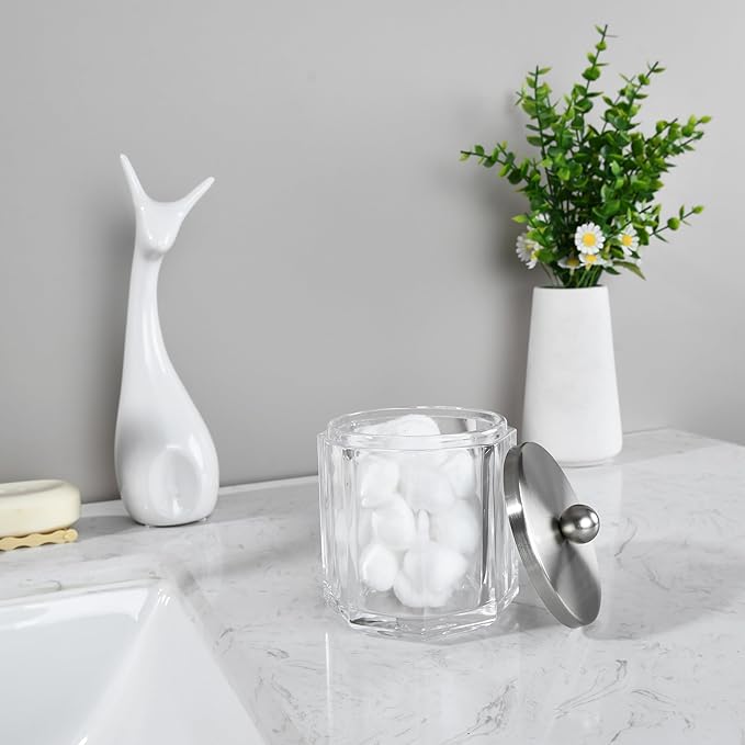 Indecor Home Clear Transparent Apothecary Octagional Shaped Glass Canister Jar With Satin Nickel Metal Lid Cover for Bathroom Organization, Cotton Balls, Q Tips, and Small Accessories, Bath Storage
