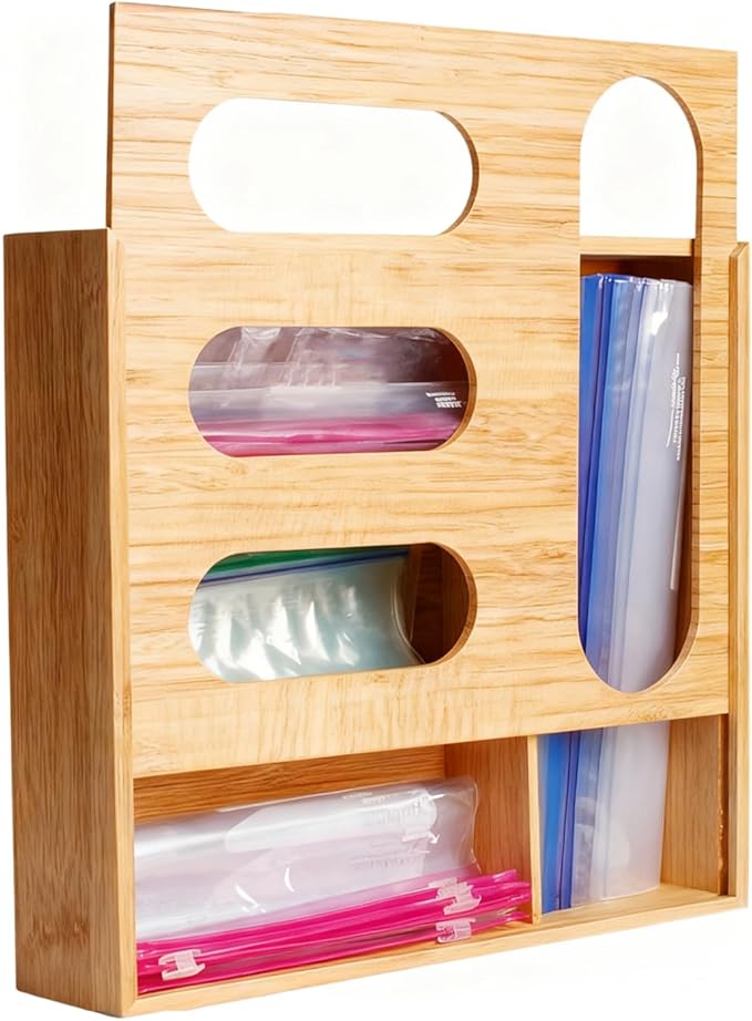 Ziplock Bag Organizer, Bamboo Storage Bag Holder Baggie Organizer for Drawer and Wall Mount, 4 Compartments for Gallon, Quart, Sandwich, Snack Size Bag (1)
