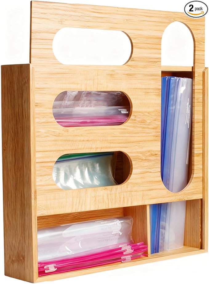 Ziplock Bag Organizer, Bamboo Storage Bag Holder Baggie Organizer for Drawer and Wall Mount, 4 Compartments for Gallon, Quart, Sandwich, Snack Size Bag (2)