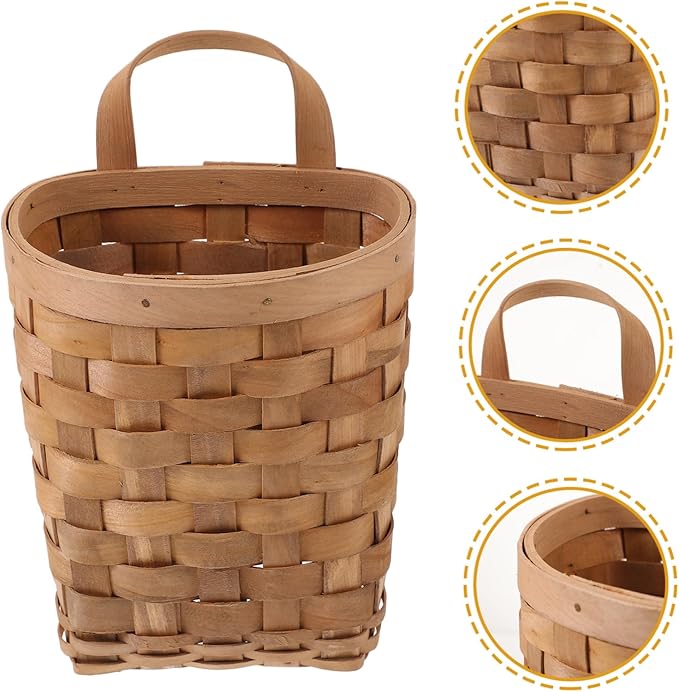 ABOOFAN Woven Wall Hanging Storage Basket for Kitchen and Desktop Organizer Natural Wood Material with Handle Nordic Style Decorative Hanging Pocket for Pantry and Home Organization