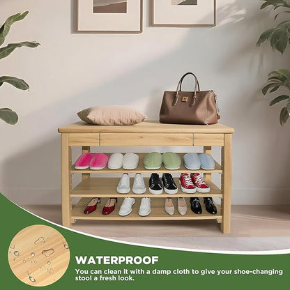 Shoe Storage Bench Wood Entryway: Shoe Rack Bench with Drawer 3-Tiers Height Adjustable,Rustic Wooden Organizer for Front Door Entrance Hallway Living Room,Mudrooms (Natural 3-Tiers, 31.5)