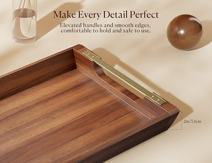 Acacia Wood Serving Tray with Metal Handles, 17x13in Large Ottoman Tray, Food Drinks Tray for Coffee Table, Breakfast, Dinner & Bar, Rustic Decorative Tray for Kitchen, Bedroom Gift Box