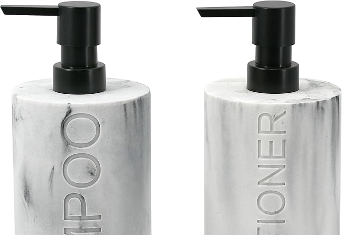 Indecor Home Marble Resin 2 Piece Shampoo and Conditioner Dispenser Set, Luxurious Refillable Pump Bottles with Matte Pump Top and Embossed Text, Durable Design for Bathroom and Shower