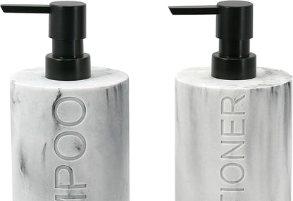 Indecor Home Marble Resin 2 Piece Shampoo and Conditioner Dispenser Set, Luxurious Refillable Pump Bottles with Matte Pump Top and Embossed Text, Durable Design for Bathroom and Shower