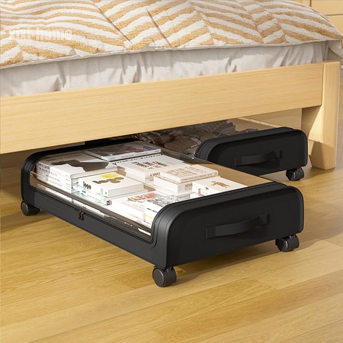 Under Bed Storage with Wheels,2 Pack Rolling Under bed Organizer Drawer with Clear Lids and Handles,UnderBed Storage Containers,Under Bed Organizer Bins for Clothes (Arc-shaped,Black)
