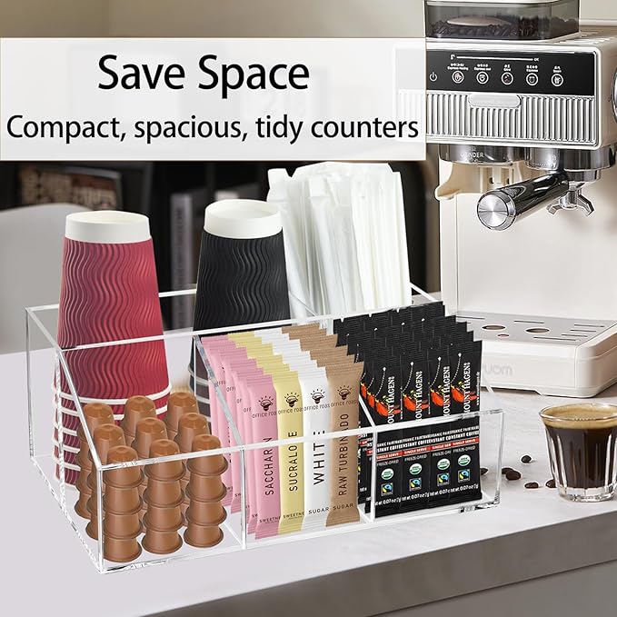 Coffee Bar Station Organizer for Countertop, Acrylic Coffee Pods Sugar Packets Tea Bags Storage Basket for Countertop, Clear