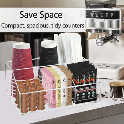 Coffee Bar Station Organizer for Countertop, Acrylic Coffee Pods Sugar Packets Tea Bags Storage Basket for Countertop, Clear