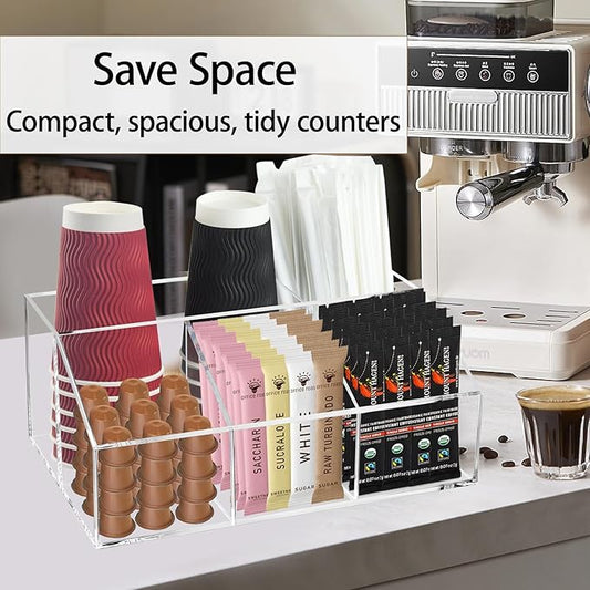 Coffee Bar Station Organizer for Countertop, Acrylic Coffee Pods Sugar Packets Tea Bags Storage Basket for Countertop, Clear