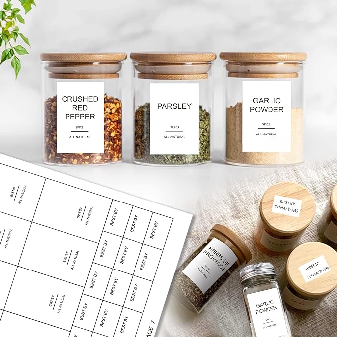 191 Spice Jar Labels Preprinted Minimalist Stickers - White Waterproof Label - Fit Round or Rectangle Spice Jars - Herb Seasoning Kitchen Pantry Labels