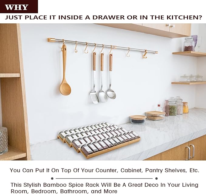 Angimio Bamboo Spice Rack Drawer Organizer - 8 Pieces Set- 11" Wide Per Piece - Combine Pieces Into 22" Wide Rack (11" or 22")