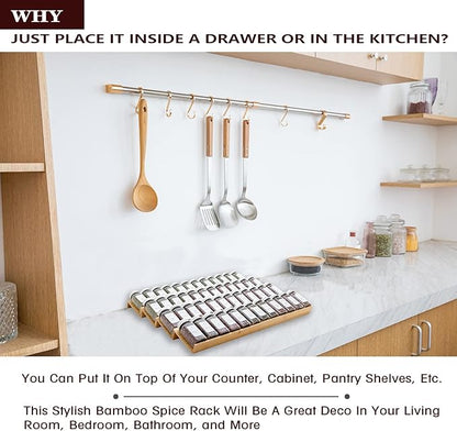 Angimio Bamboo Spice Rack Drawer Organizer - 8 Pieces Set- 11" Wide Per Piece - Combine Pieces Into 22" Wide Rack (11" or 22")