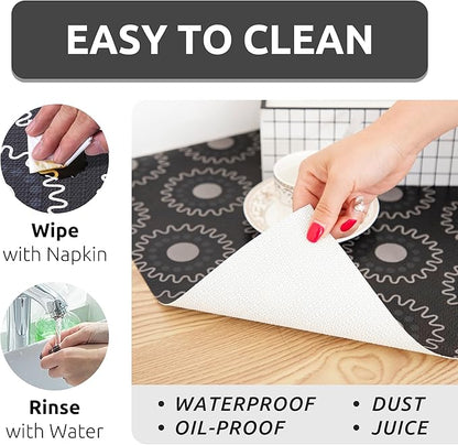 12X120 Inch Shelf Liner for Kitchen Cabinets, PVC Drawer Liner for Dresser Non-Slip Bathroom, Non-Adhesive Cabinet Liner Washable (Black Circle)(1 Roll)