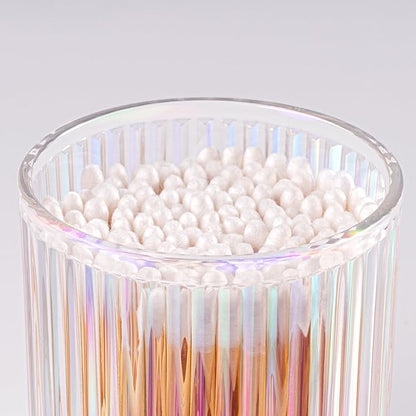 MKOSAB 2 Pack Qtip Holder - Apothecary Jars with Lids, Bathroom Organizers and Storage Canister for Cotton Balls,Swabs,Floss Picks,Hair Ties,Clear Glass Vintage Bathroom Decor Jar Set (Iridescent)
