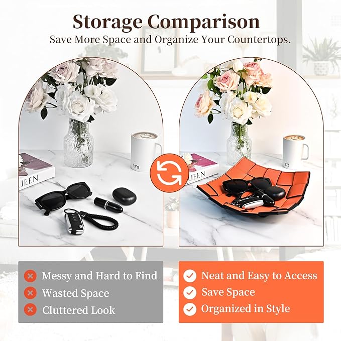 MSJGA Valet Tray PU Leather Key Holder Bowl for Women and Men Entryway Table Nightstand Desk Tray for Wallet, Keys Men's Gift - Orange & Black, 9.8" L x 9.8" W x 2" H