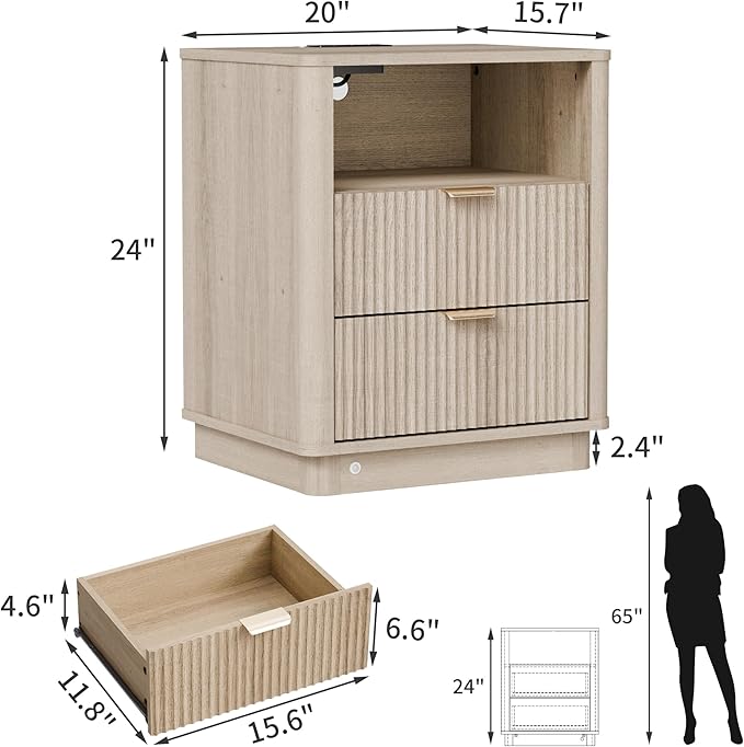 BONITURE Fluted Night Stand Set of 2, Curved Nightstands with Charging Station Lighting, Wood End Table with 2 Drawers, Modern Side Table Storage Cabinet for Bedroom Office,(2, Natural)