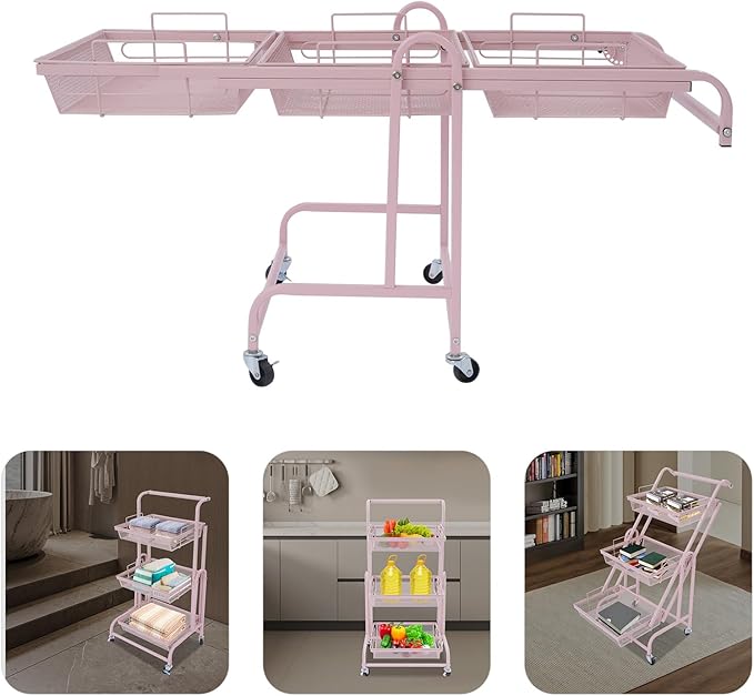 3 Tier Adjustable Storage Carts, Movable Utility Cart, Metal Rolling Cart, Multi-Functional Storage Trolley w/Wheels, Storage Shelves for Kitchen/Bathroom/Bedroom/Office (Pink)