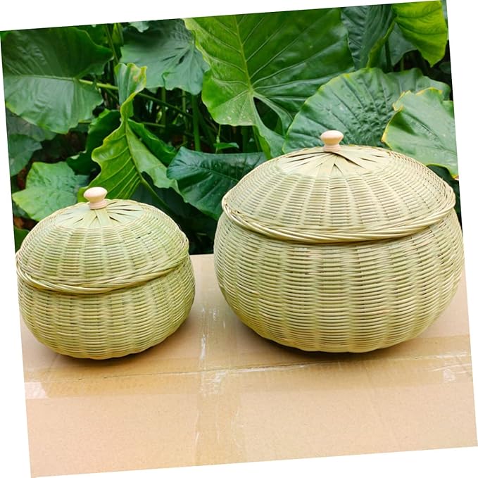 Cabilock Woven Storage Basket with Lid Round Organizer for Eggs Sundries Versatile Home Storage for Kitchen Bedroom Stylish Design