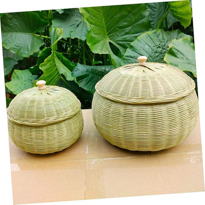 Cabilock Woven Storage Basket with Lid Round Organizer for Eggs Sundries Versatile Home Storage for Kitchen Bedroom Stylish Design