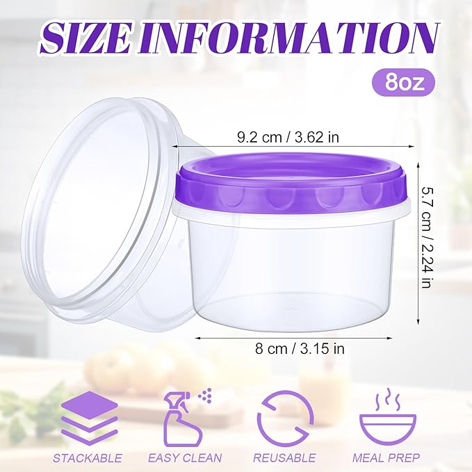Sieral 36 Pack 8 oz Freezer Containers with Lids Reusable Deli Freezer Storage Containers Stackable Plastic Thick Twist Top Jars for Takeout Food Round Wide Mouth Lunch Snack (Purple)