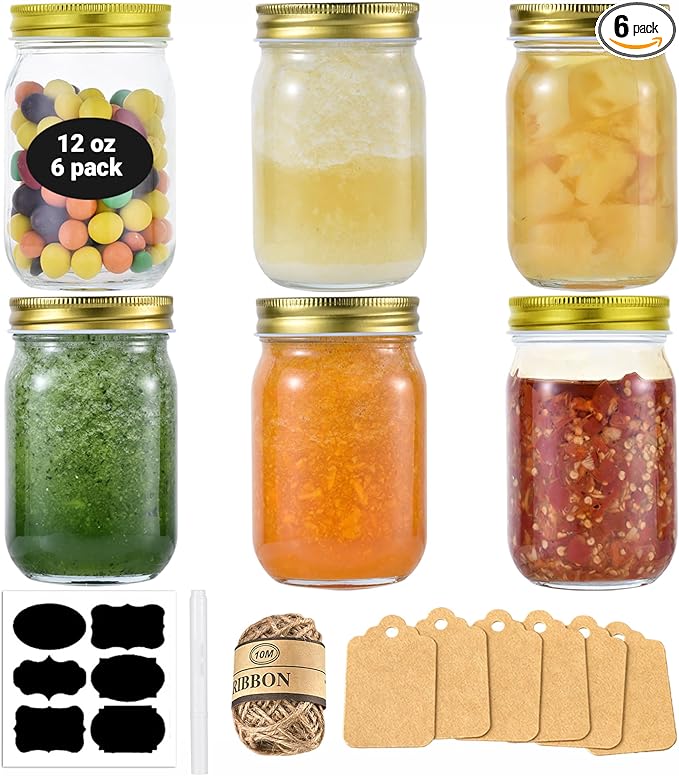 Rainforce Mason Jars 12 oz Regular Mouth 6 Pack – 12 oz Glass Jars with Gold Lids for Canning, Honey, Spices, Candle Making, Pint Storage & Meal Prep – Frascos De Vidrio Con Tapa